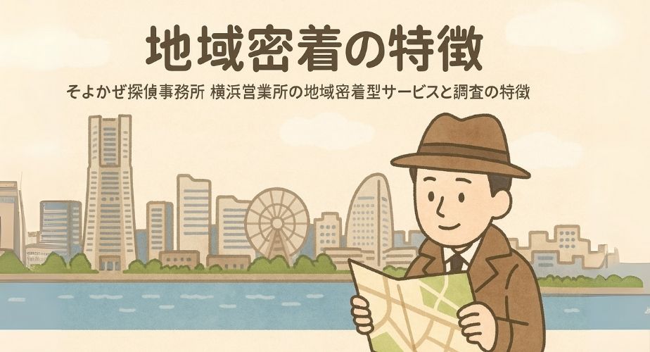 そよかぜ探偵事務所横浜営業所の地域密着型サービスと調査の特徴を表すイラスト。やさしいイラスト風で横浜の街並みと探偵が地図を持って調査する様子を描いた画像。