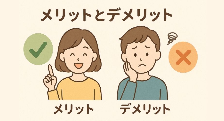 そよかぜ探偵事務所横浜営業所のメリットとデメリットを説明するイラスト。やさしいイラスト風で探偵がメリット・デメリットの表を見せて依頼者に説明している場面。