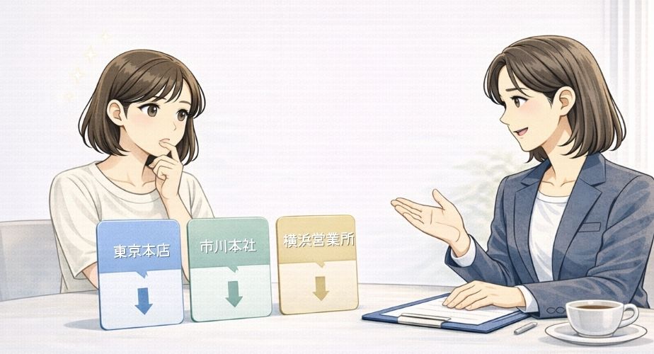 主婦が自分に合う探偵事務所の拠点を選ぶ様子を表したイラスト