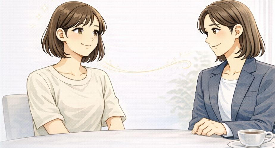 拠点選びに迷う必要がないことを伝える安心した主婦のイメージイラスト