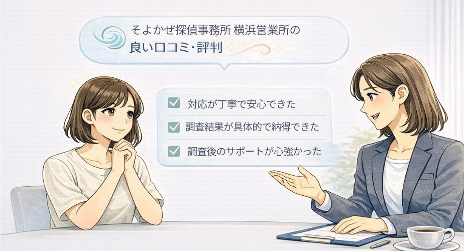 横浜営業所が良い口コミで選ばれている理由を表した主婦のイメージイラスト