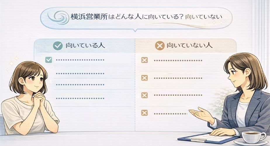 横浜営業所が向いている人と向いていない人を主婦目線でわかりやすく説明する相談シーンのイメージイラスト