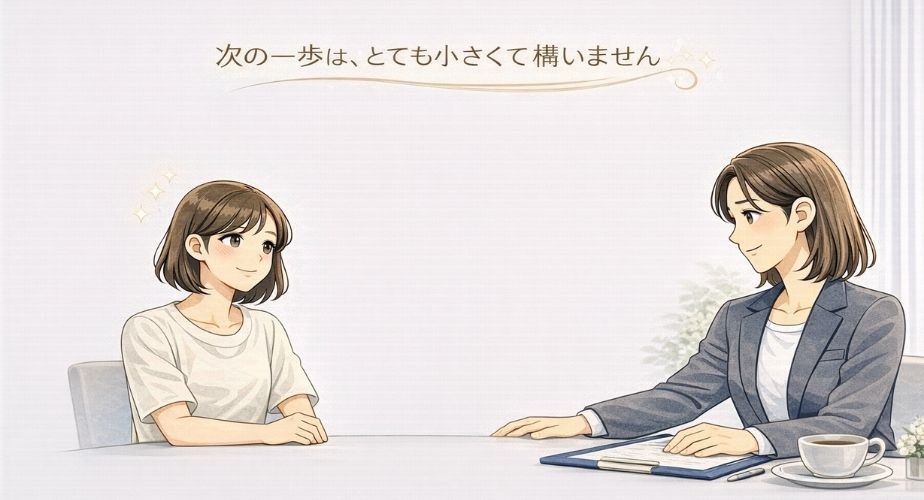 小さな一歩を踏み出そうとする主婦をやさしく後押しするイメージイラスト