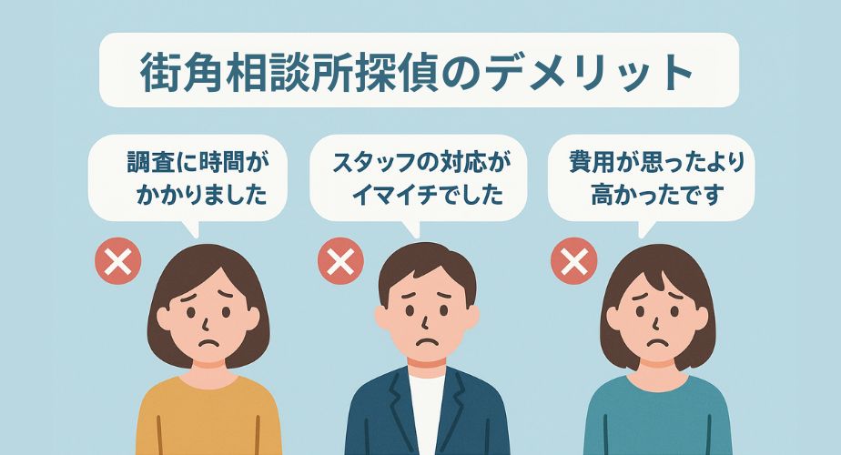 街角探偵相談所のデメリットを紹介するアイキャッチ画像。青い背景に『街角探偵相談所のデメリット』というタイトル。下部には3人の不満そうな表情の利用者が『調査に時間がかかりました』『スタッフの対応がイマイチでした』『費用が思ったより高かったです』と吹き出しで発言し、それぞれ赤いバツ印が添えられている。