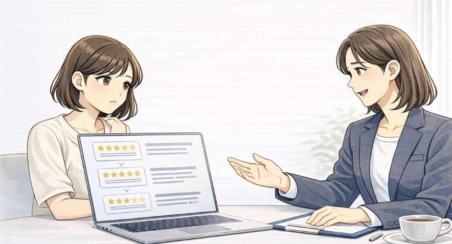 探偵事務所の各拠点の口コミや評判を確認する主婦のイメージイラスト