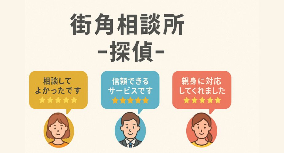 「街角相談所 -探偵- のサービスに対する利用者の口コミが3つの吹き出しで紹介されている。左から『相談してよかったです』『信頼できるサービスです』『親身に対応してくれました』と、それぞれ5つ星評価とともに男女のイラストが添えられている。」