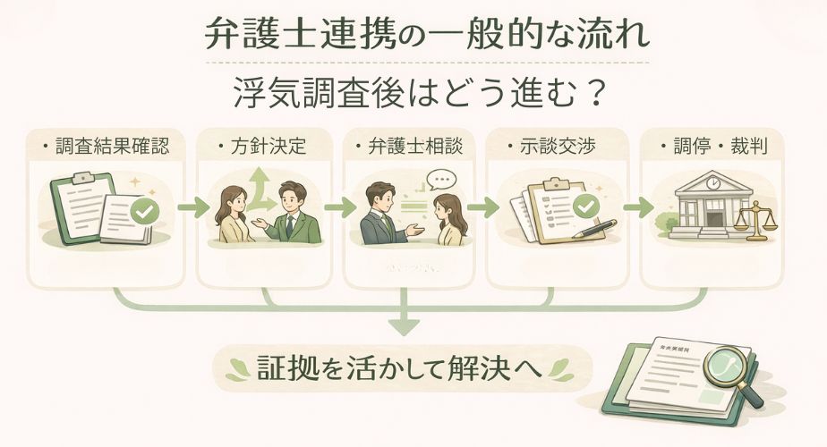 浮気調査後に探偵と弁護士が連携して示談や裁判へ進む流れを分かりやすく示したフローチャートイラストバナー