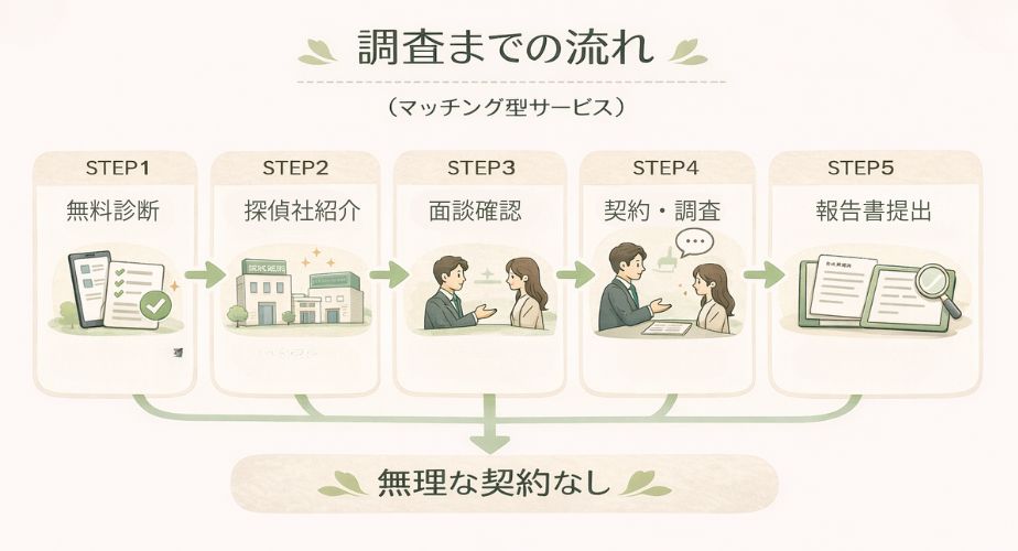 無料診断から探偵の紹介、契約、報告書提出までの流れを分かりやすく示したフローチャートイラストバナー