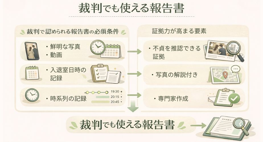 MR探偵事務所 立川駅前相談室の裁判で認められる証拠報告書の条件と信頼性の要素をフローチャートで分かりやすく解説したイラストバナー