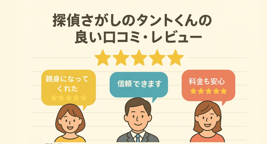 探偵さがしのタントくんの評判がわかる口コミイラスト画像。利用者の満足度を表す★5の高評価とともに、『親切な対応できます』『信頼できます』『料金も安心』といった実際のレビューが吹き出しで表示。主婦や会社員風の利用者イラストが並び、安心感と信頼感を伝えるデザイン。