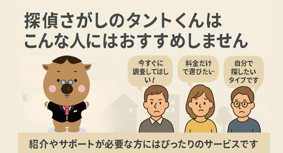 「探偵さがしのタントくんはこんな人にはおすすめしません」という見出しのイラストバナー。左側にはスーツ姿で少し困った表情のタントくんが「すべての人に合うわけではありません」と発言。右側には「今すぐに調査してほしい」「料金だけで選びたい」「自分で探したいタイプです」とコメントする3人の人物が描かれ、それぞれのニーズに合わない例を示している。下部には「紹介やサポートが必要な方にはぴったりのサービスです」というフォローのメッセージ入り。