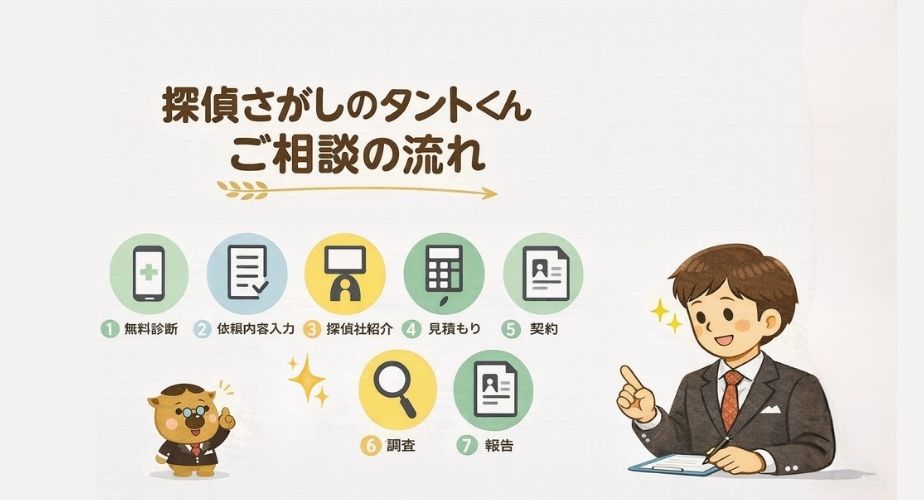 探偵さがしのタントくんの相談から紹介までの流れを解説するアイキャッチ画像