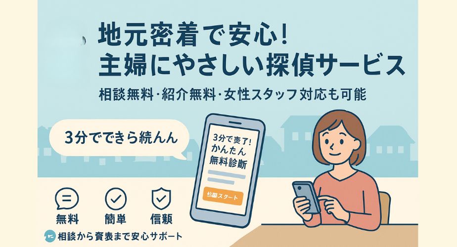「地元密着で安心！主婦にやさしい探偵サービス」を紹介する公式イメージのイラスト画像。左に「タントくん」のキャラクター、右にはスマホで無料診断をしている主婦のイラスト。中央に「相談無料・紹介無料・女性スタッフ対応も可能」などの安心感を伝えるメッセージと「3分で完了！かんたん無料診断」のスマホ画面。下部には「無料・簡単・信頼」などの特長アイコン付き。背景は住宅街のシルエットで地域密着型を表現。
