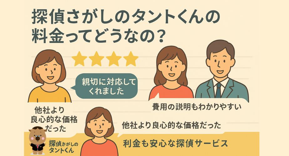「探偵さがしのタントくんの料金ってどうなの？」をテーマにした口コミイラストバナー。中央に星5つの評価アイコンがあり、「親切に対応してくれました」「費用の説明もわかりやすい」「他社より良心的な価格だった」などの吹き出しコメントが主婦・会社員風のキャラクターから表示されている。左下には「探偵さがしのタントくん」のキャラロゴ、下部には「料金も安心な探偵サービス」の文字がある明るく親しみやすいデザイン。