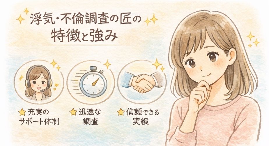 浮気・不倫調査の匠を利用するメリットとデメリットを比較して考える女性のイラスト