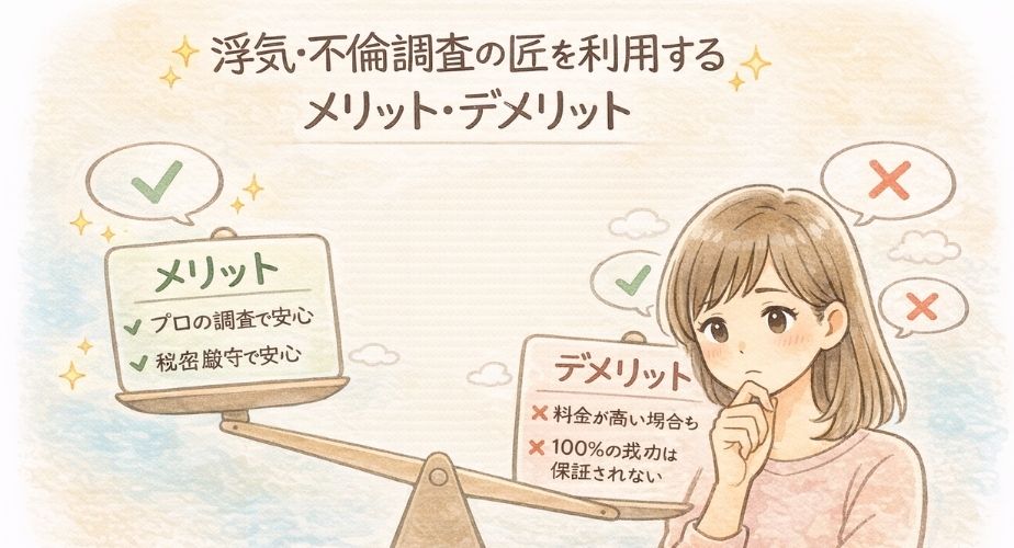 浮気・不倫調査の匠を利用するメリットとデメリットを比較して考える女性のイラスト