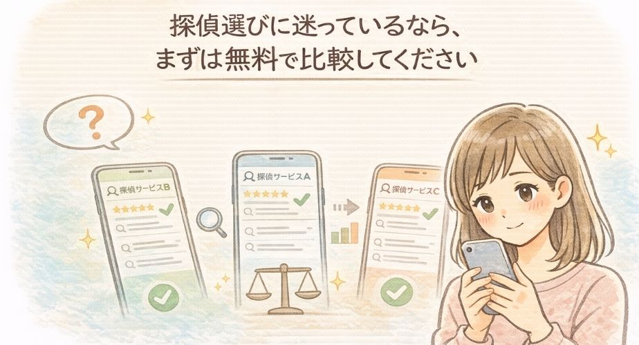 探偵選びに迷いながらも無料で比較して安心して判断しようとしている女性のイラスト