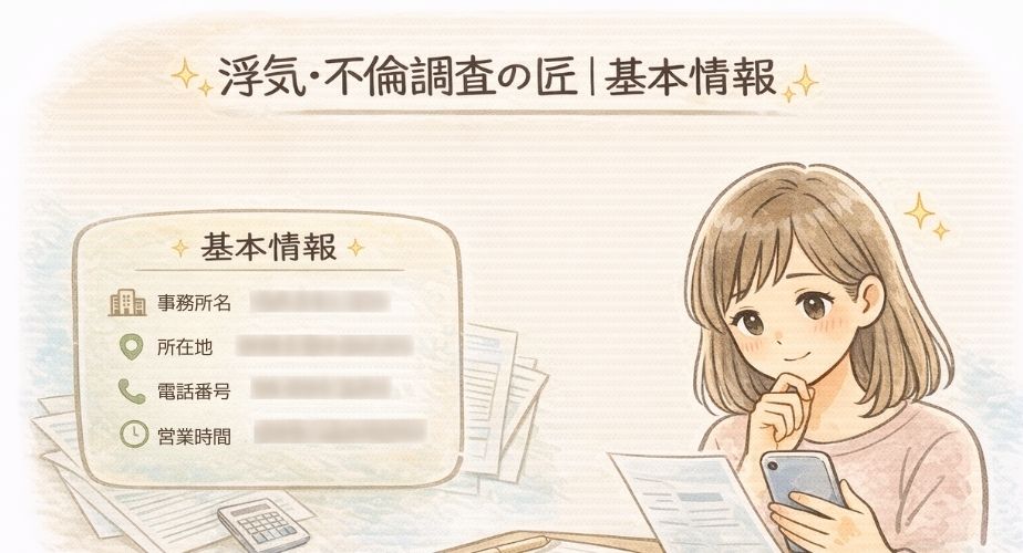浮気・不倫調査の匠の基本情報を確認している女性のイラスト