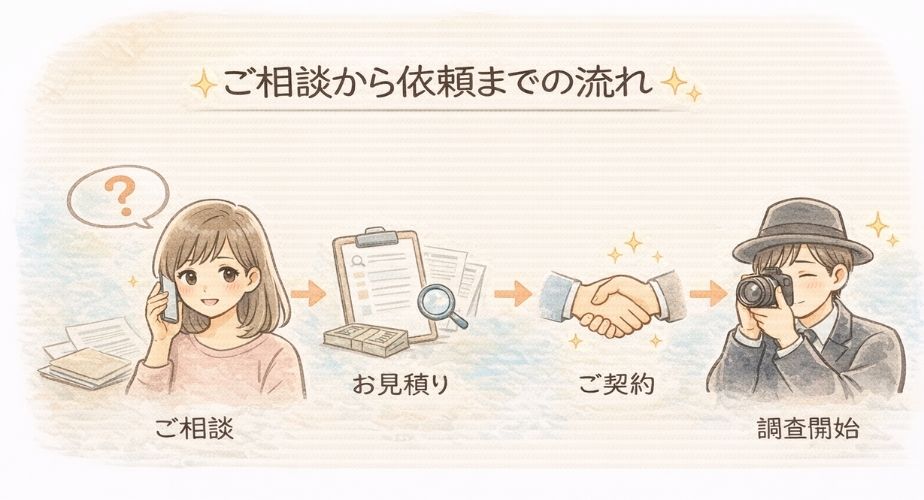 浮気・不倫調査の匠で相談から依頼までの流れがわかるイラスト