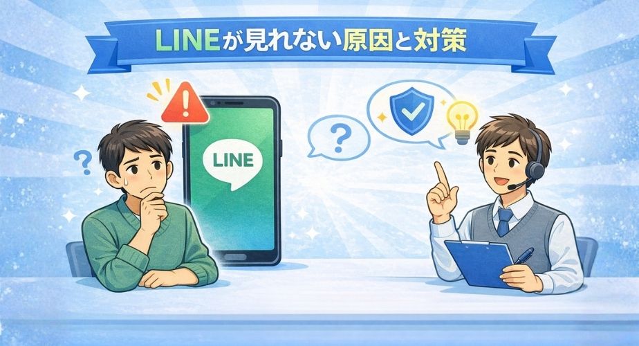 mSpyでLINEが見られない原因と対策をイメージしたイラスト。困っている男性とアドバイスする人の構図。
