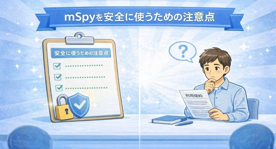 mSpyを安全に利用する際の注意点を示すイラスト。鍵と盾のアイコンとチェックリストのデザイン。