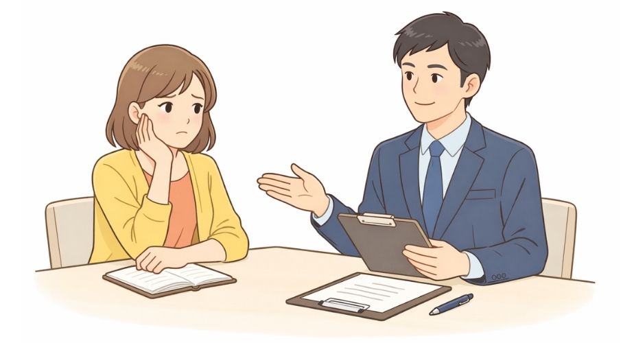 あい探偵の悪い口コミや不満点について相談員に相談する主婦のイメージイラスト
