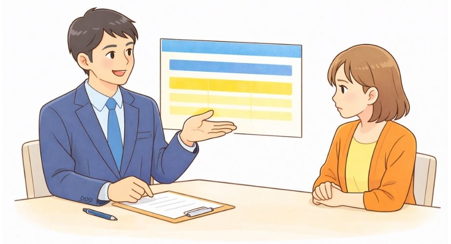 あい探偵の料金目安や注意点について説明を受ける主婦のイラスト