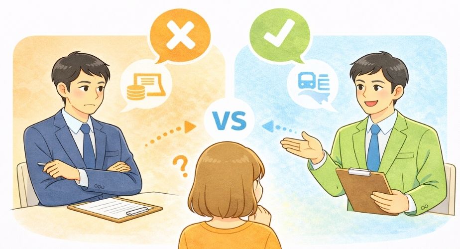 あい探偵と他社探偵社の違いを比較検討する主婦のイラスト