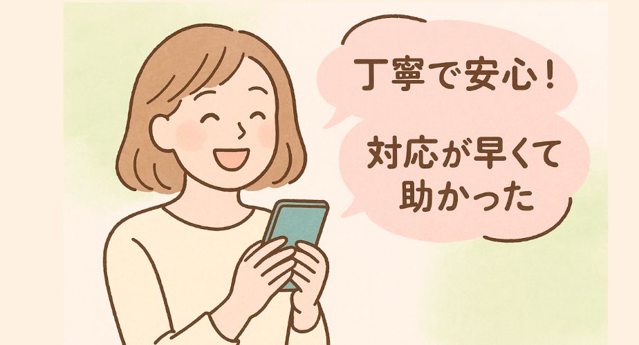 スマートフォンを手にほっとした表情で微笑む主婦のイラスト。「丁寧で安心！」「対応が早くて助かった」の吹き出しが表示されている。背景は淡いグリーンとピンクのパステルカラーで、やさしい手描き風のタッチ。