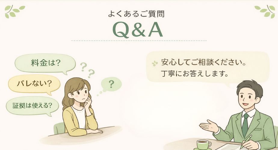 探偵相談のよくある質問を分かりやすくまとめたQ&Aイラスト