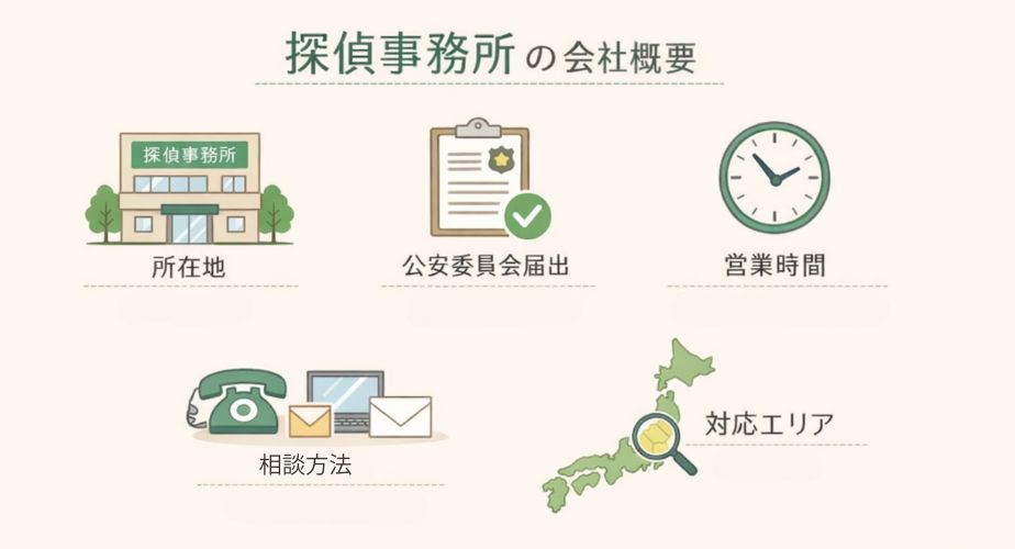 探偵事務所の所在地や届出情報など会社概要を図式で分かりやすく説明したイラストバナー