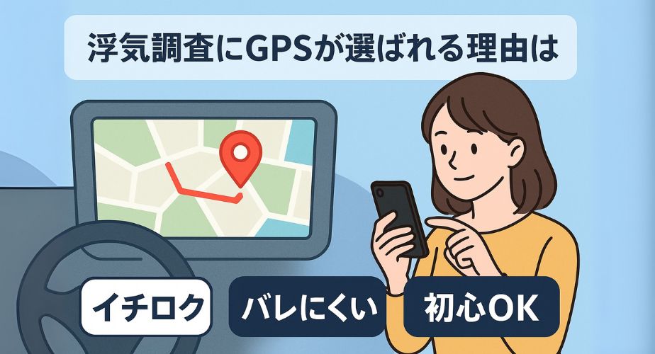 浮気調査でGPSを使うイメージの女性と地図アプリ画面