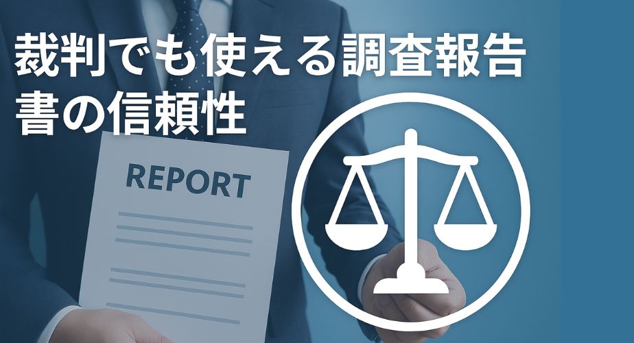 裁判で使える信頼性の高い調査報告書を手に持つスーツ姿の男性と天秤マーク。法的証拠力のある報告をイメージしたビジュアル。