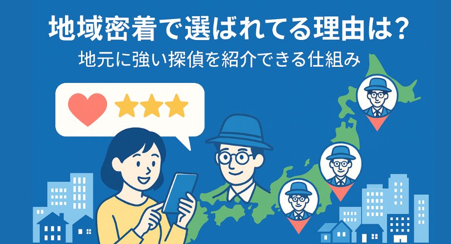 地域に根差した探偵紹介をイメージした日本地図と探偵アイコンの構成画像