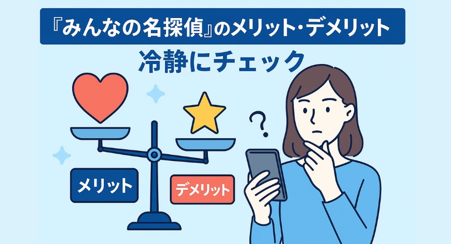『みんなの名探偵』のメリットとデメリットを天秤で比較しているイメージ画像
