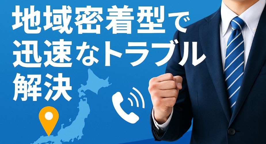 地図とスーツ姿のビジネスマン、地域密着型で迅速な対応を表現した企業調査イメージ