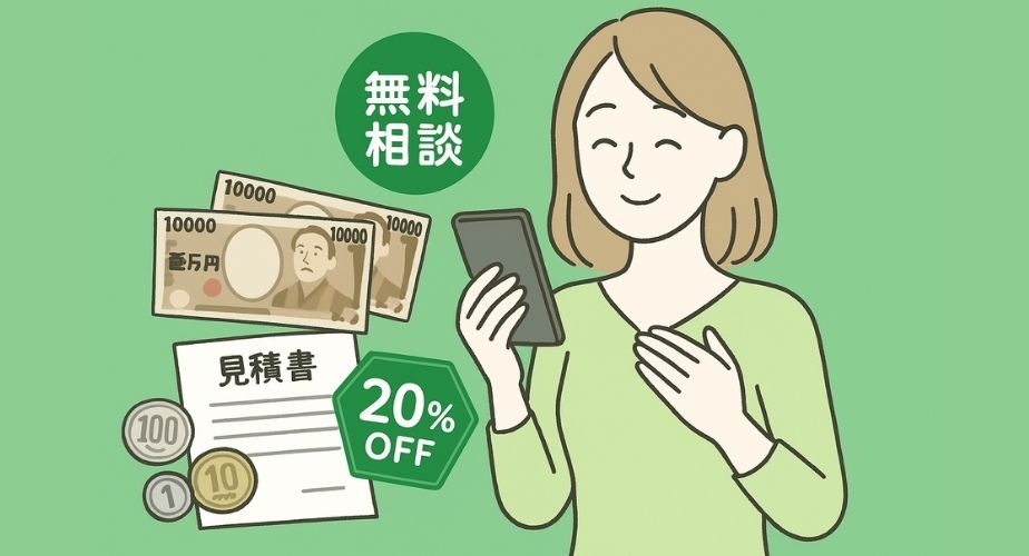 探偵費用に納得した女性のイラスト。無料相談や割引の説明付き。