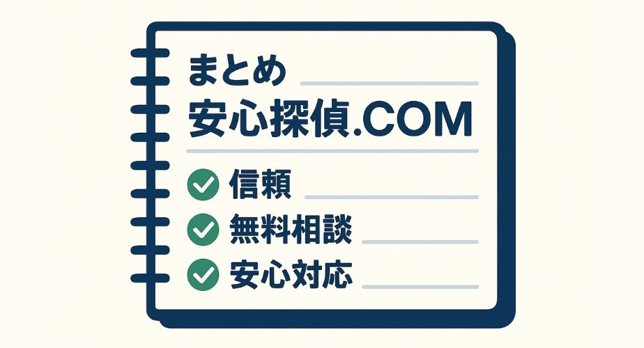 安心探偵.COMのまとめノート風イメージ。信頼性・安心感・無料相談を整理。