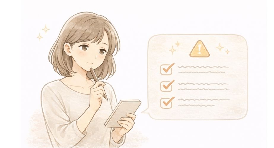 GPSレンタルで失敗しないための注意点を確認する主婦のイラスト