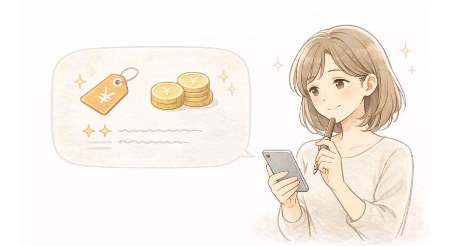 調査型GPSレンタル「イチロク」の料金と口コミを確認する主婦のイラスト