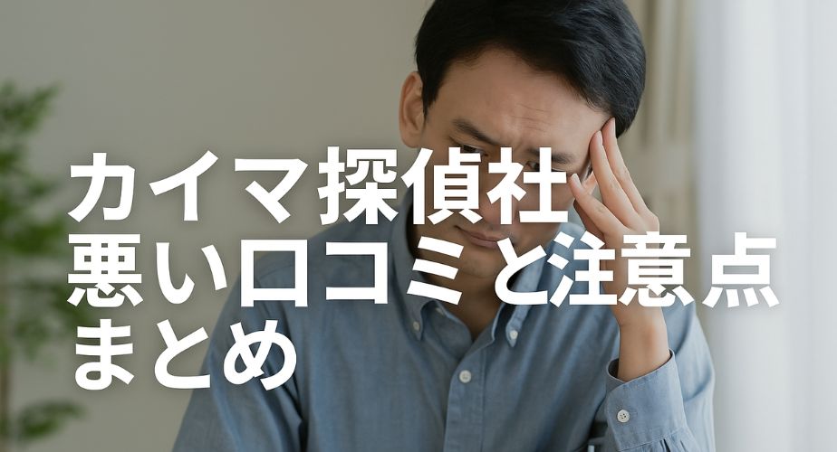 カイマ探偵社に対する悪い口コミと注意点を考える若い男性の不安げな表情。検討中の企業経営者を象徴するイメージ。