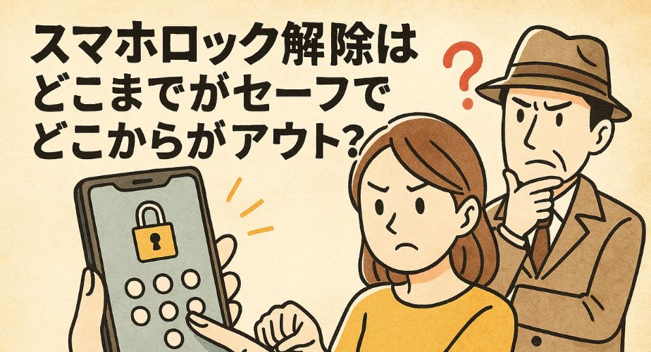 スマホのロックを解除しようとする女性と、それを見守りながら考え込む探偵風の男性を描いたイラスト。画面左にはパスコード入力中のスマホ、右上には疑問符が浮かび、「スマホロック解除はどこまでがセーフでどこからがアウト？」という日本語テキストが配置されている。 