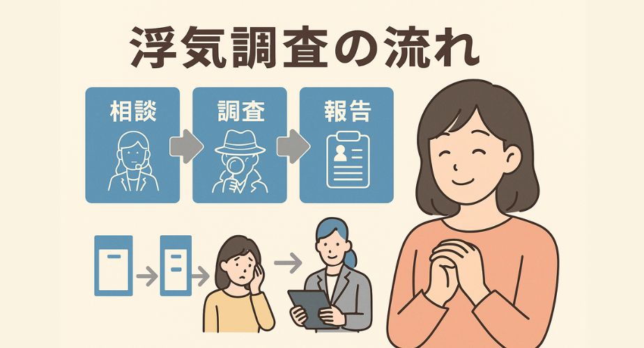 浮気調査の流れをわかりやすく解説するイラスト