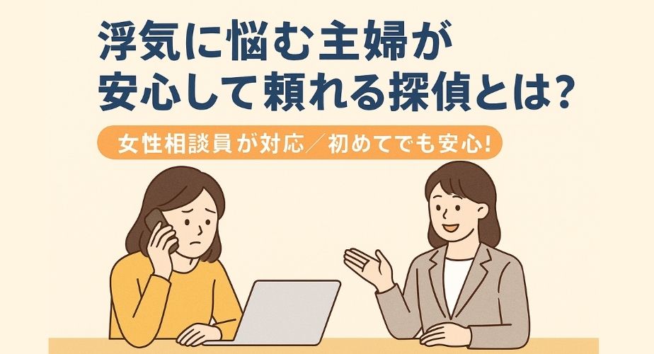 探偵に浮気相談をする主婦と、安心して話を聞いてくれる女性相談員のイラスト