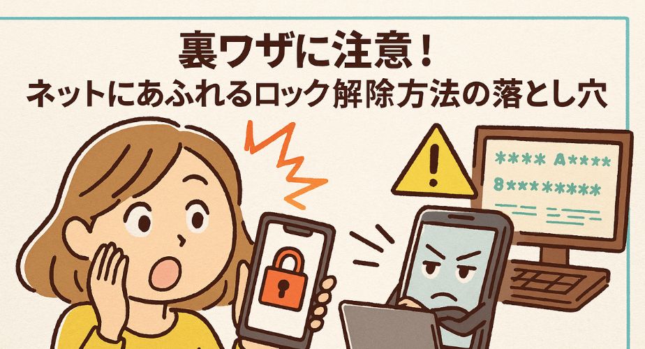 スマホのロック解除方法を検索して驚く女性と、警戒顔のスマートフォンキャラクターがノートパソコンを操作している様子を描いたイラスト。背景にはパスワードが並ぶモニターと黄色い警告マークがあり、「裏ワザに注意！ネットにあふれるロック解除方法の落とし穴」という日本語テキストが上部に配置されている。 