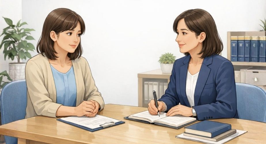 浮気問題について専門家に相談し冷静に判断する主婦のイラスト