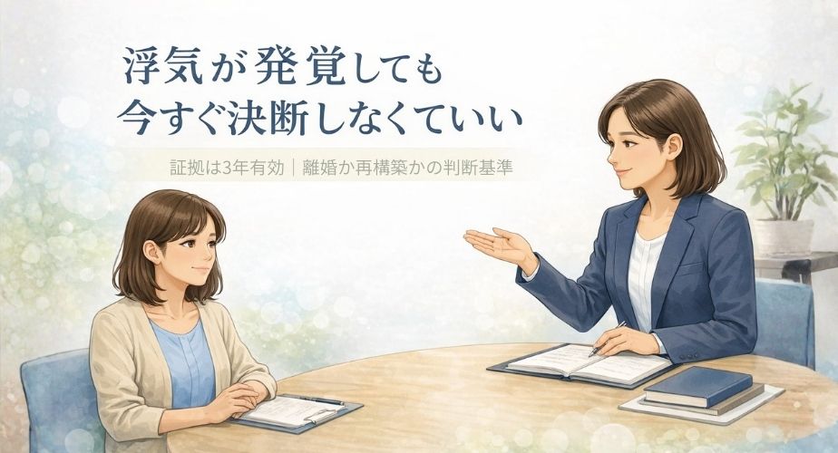 浮気が発覚しても今すぐ決断せず、証拠は3年間有効で離婚か再構築かを冷静に考える主婦と相談員のイラスト