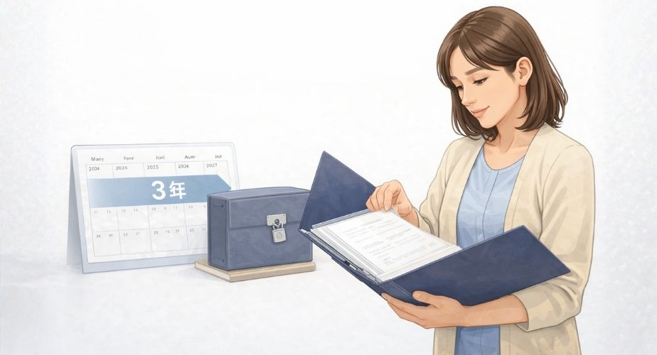 浮気の証拠を保管しながら判断を先延ばしにする主婦のイラスト