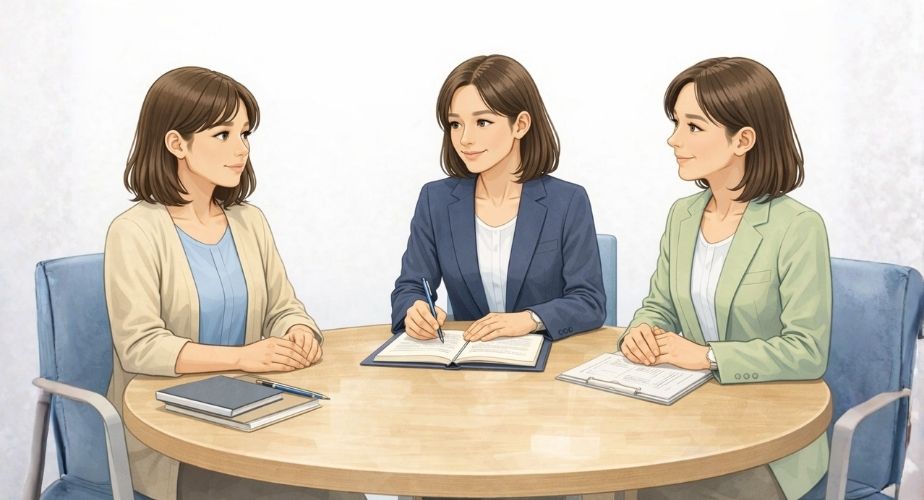 浮気問題について専門家に相談し冷静に判断する主婦のイラスト