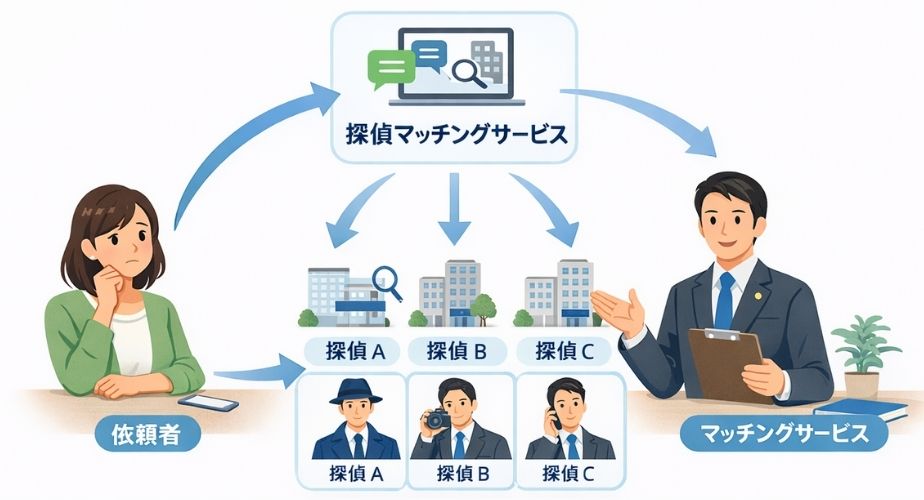 探偵マッチングサービスの仕組みを図解で説明するイメージ画像